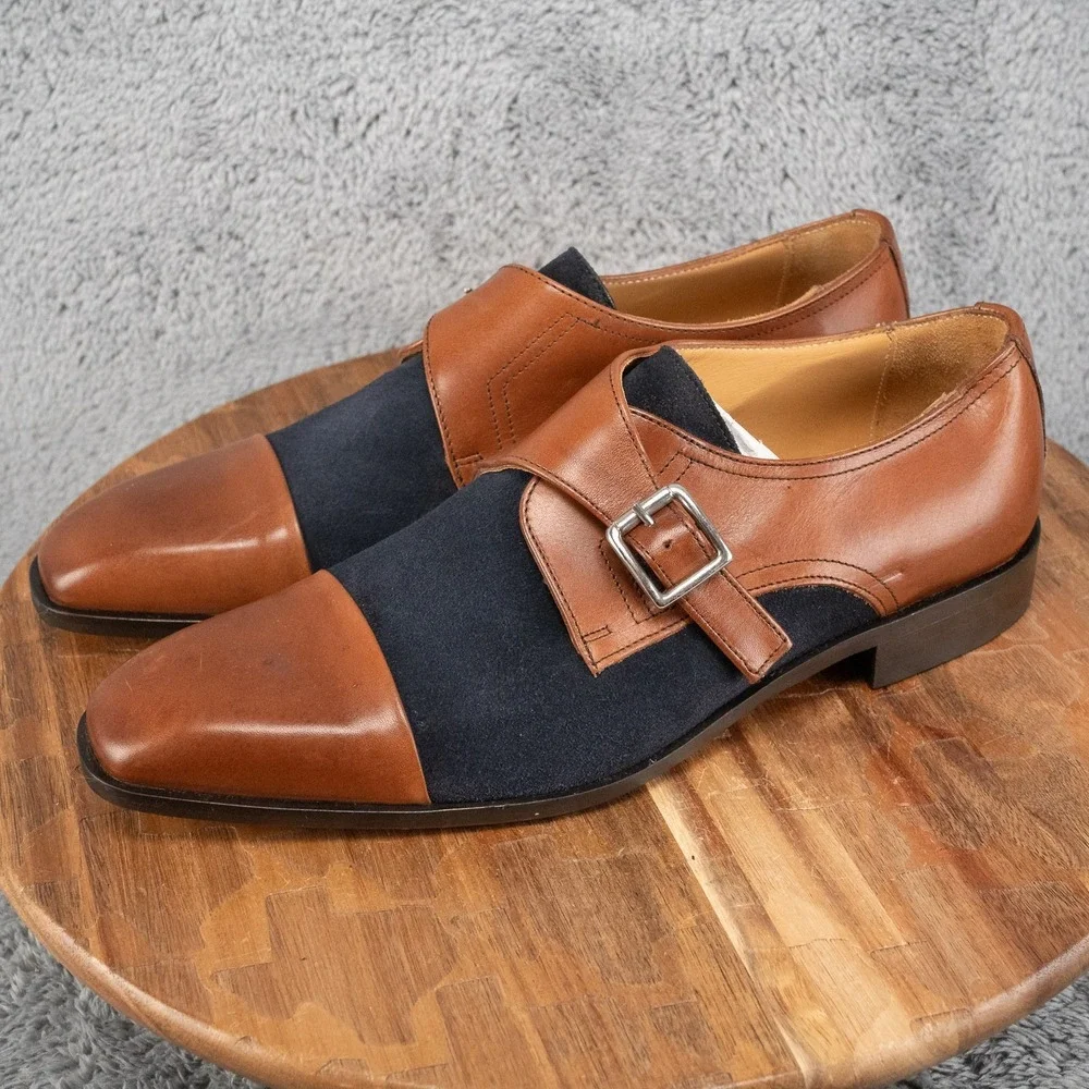 Paul Fredrick Monk Strap Navy Suede Cognac Leather Dress Shoe Size 8.5